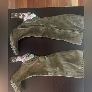 Embroidered Olive Knee-High Boots